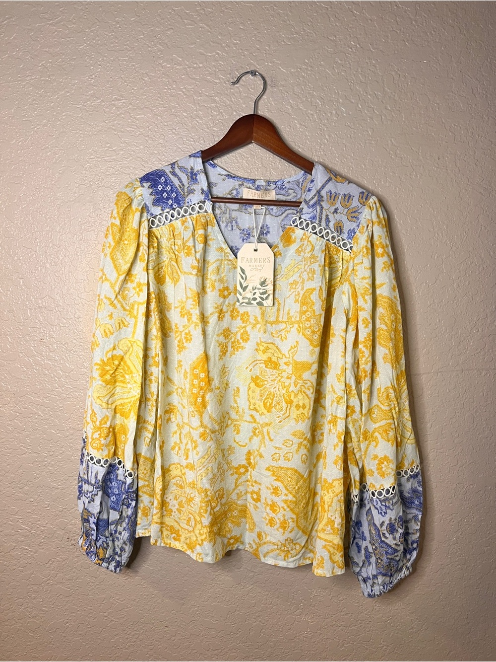 Farmer’s Market Yellow Floral Peasant Top with Blue Accent Size M NWT